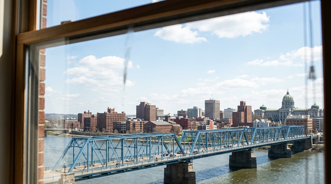 A 50mm close-up through a window at noon captures the Walnut Street Bridge in the lower third, with the Susquehanna River...