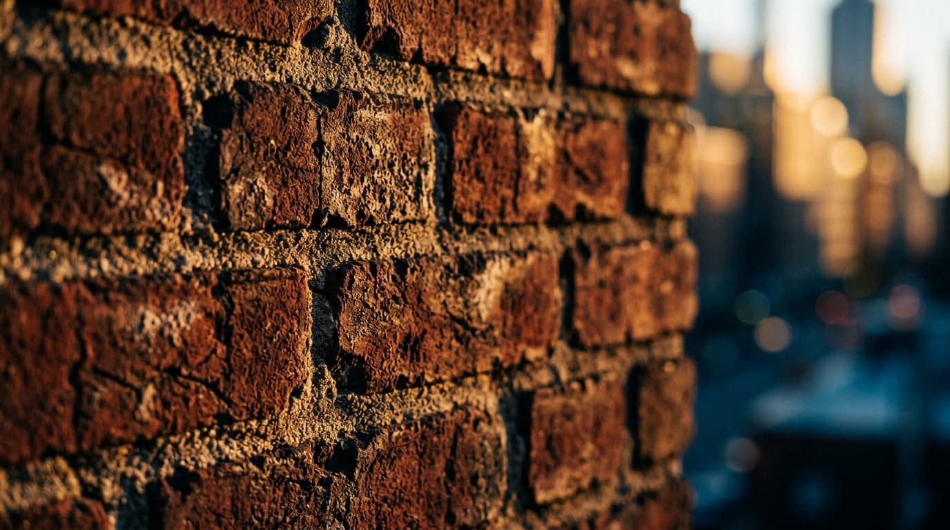 Extreme 100mm macro shot of the textured, weathered brick exterior of a historic Midtown building at sunset, golden light...