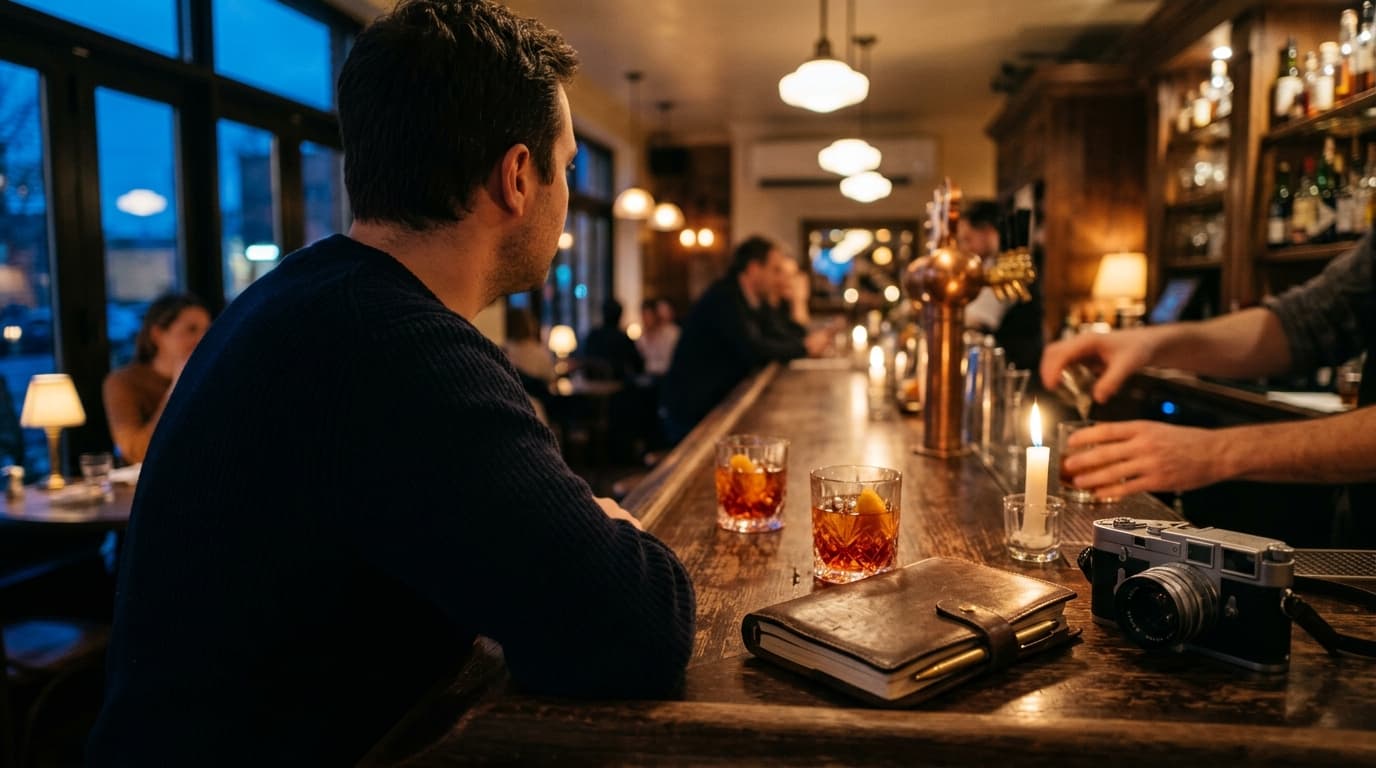 Over-the-shoulder perspective at a dim Midtown bistro bar. A Sunday evening glow illuminates two half-poured Negronis, a l...