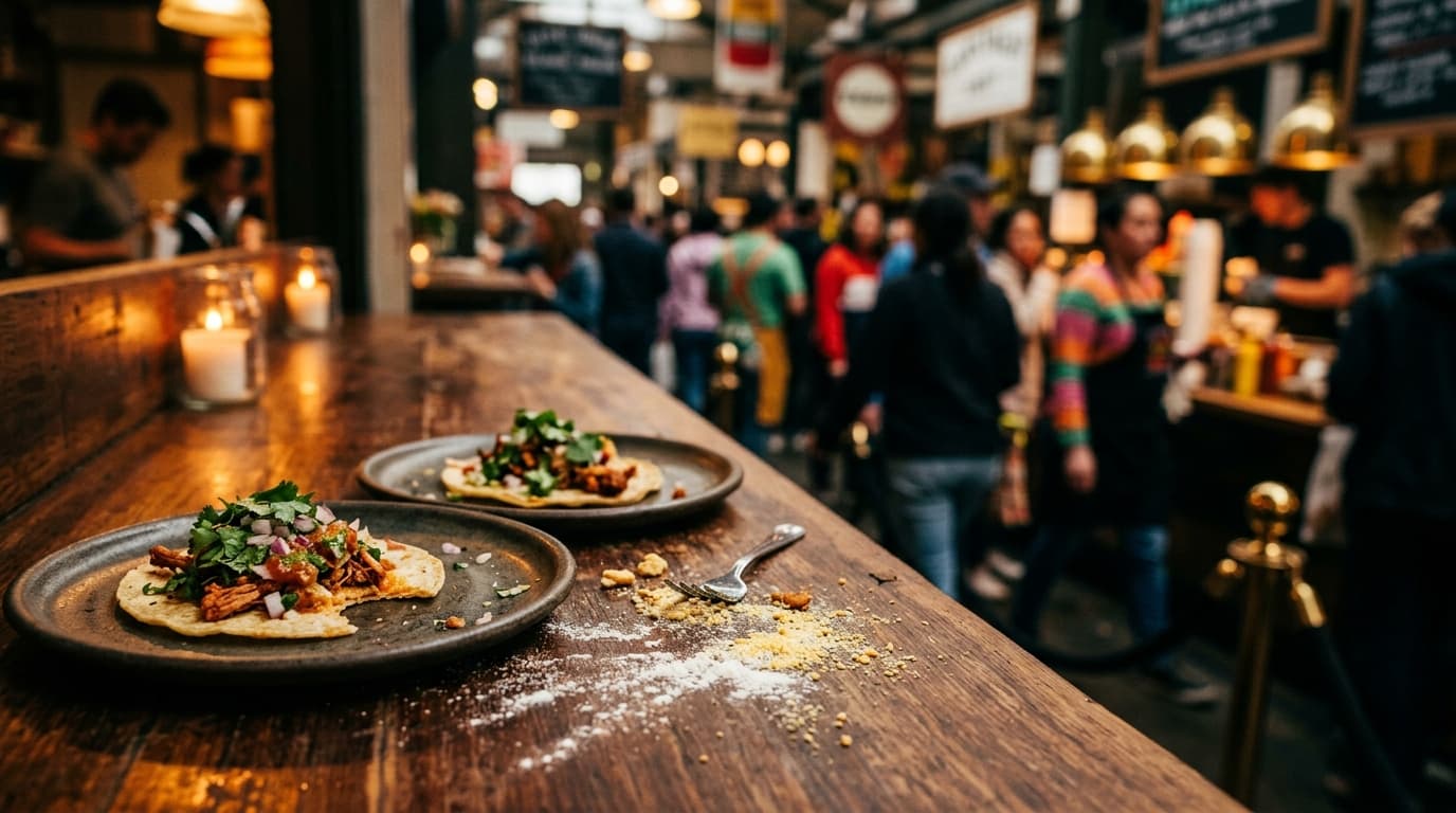 Low-angle 85mm shot inside a bustling market: two half-finished tacos on ceramic plates and a dusting of flour on a wooden...