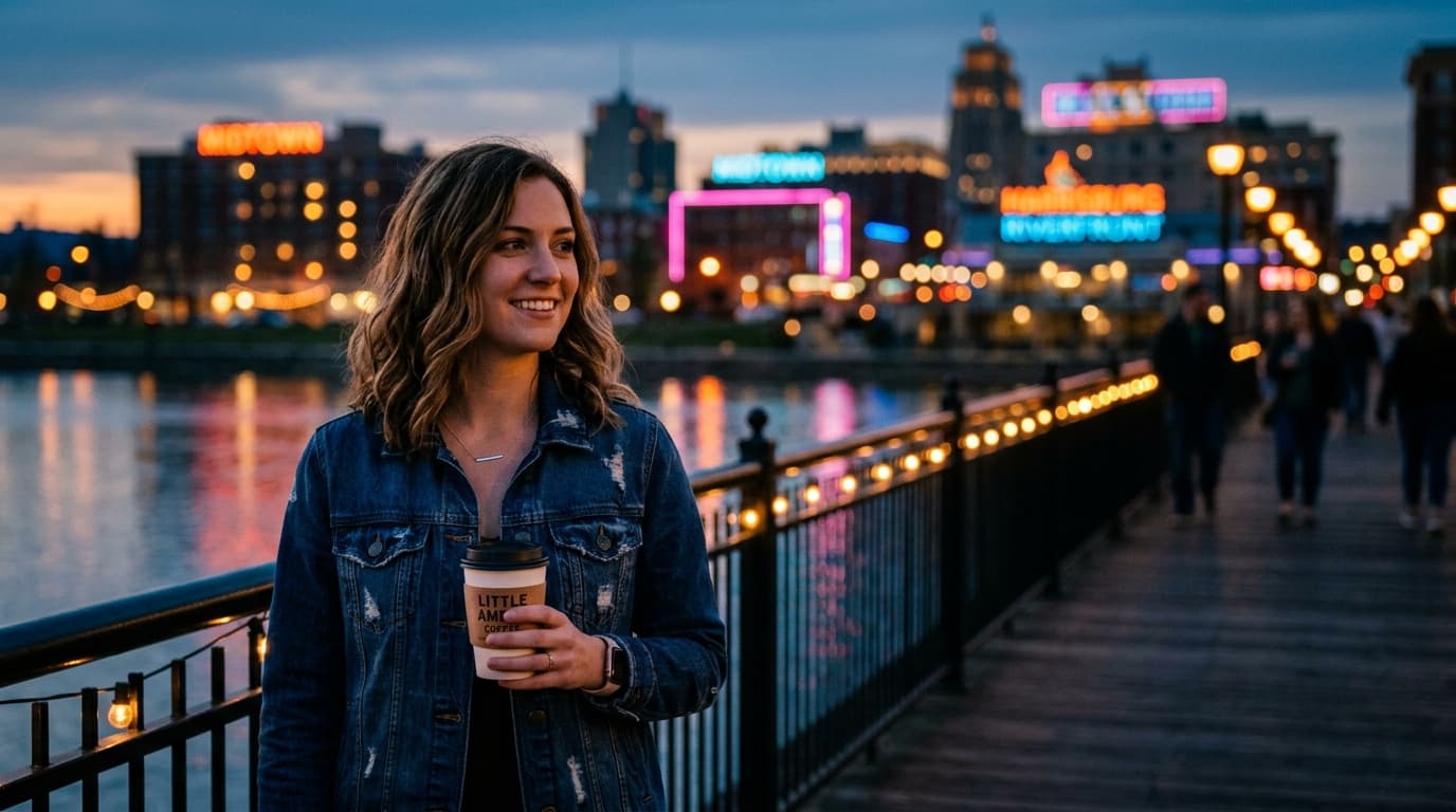An 85mm portrait with shallow depth of field. A woman in a dark denim jacket stands on the Susquehanna Riverfront at dusk,...