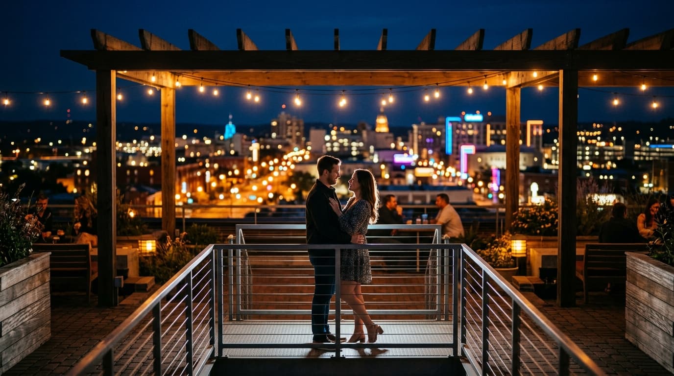 A wide 24mm symmetrical shot of a couple standing on The Millworks rooftop at night. Warm tungsten lights illuminate them...