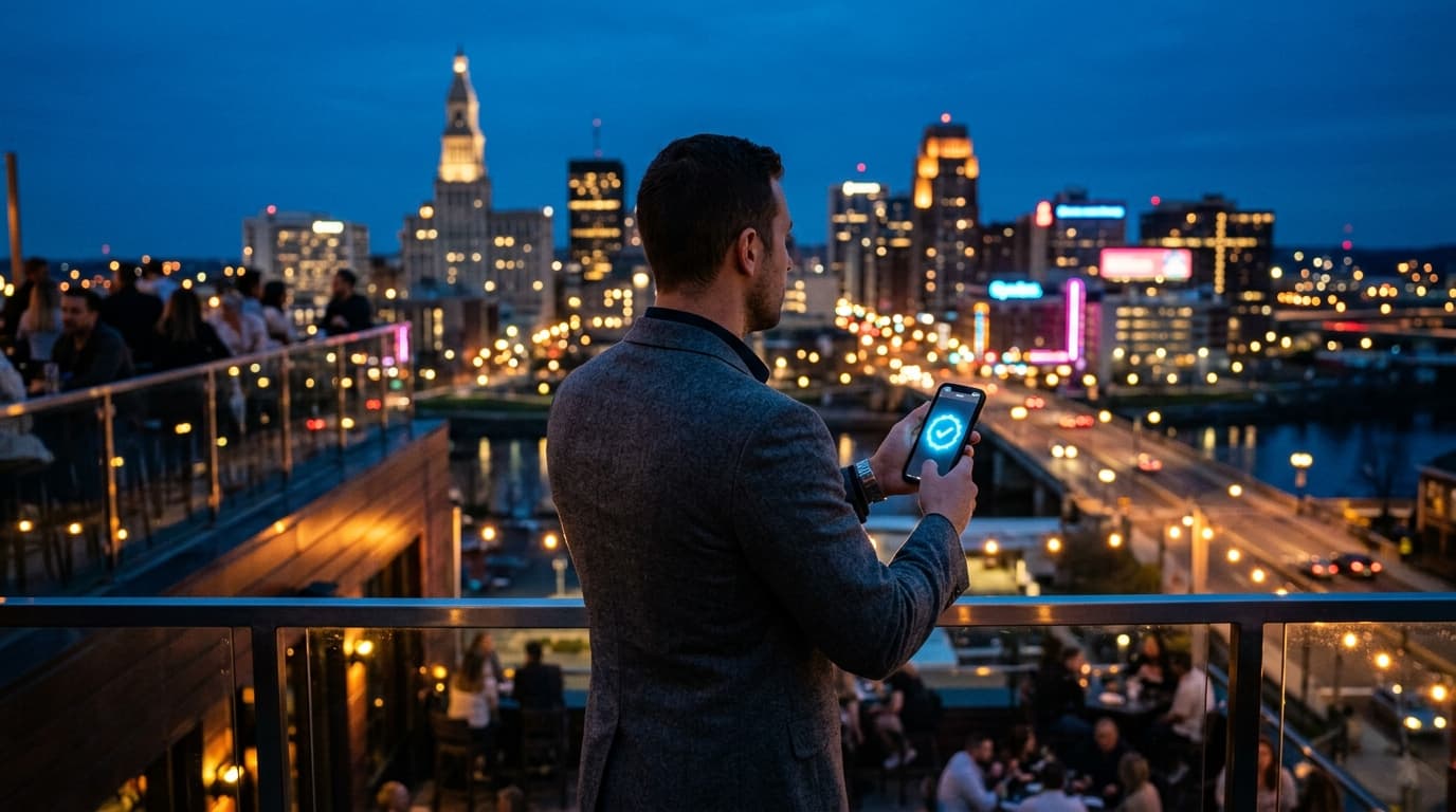 A professional man in a tailored charcoal blazer stands on a downtown Hartford balcony, blue checkmark glowing on his smar...