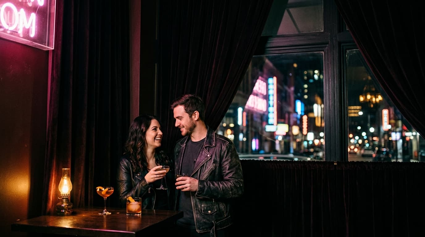 A low-angle shot of a couple in leather jackets standing in a dimly lit, velvet-draped corner of a speakeasy, two stiff co...