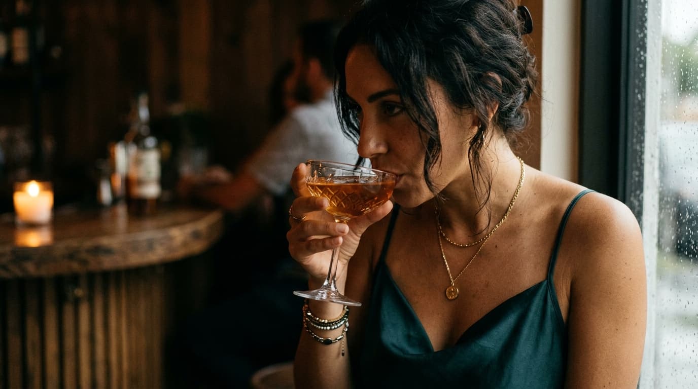 A tight, candle-lit close-up inside Little River Restoratives. A woman in a dark silk slip dress leans over a crystal coup...