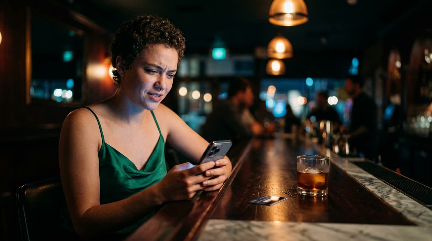 A queer person in a silk camisole sits at a dimly lit mahogany bar, looking skeptical at their phone. A glossy, discarded...