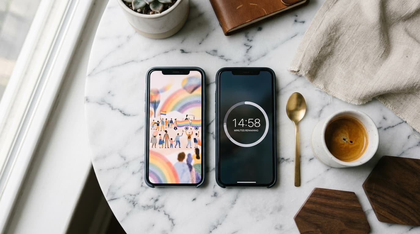 An overhead flat-lay of two smartphones side-by-side on a white marble surface. One screen glows with a queer social feed;...
