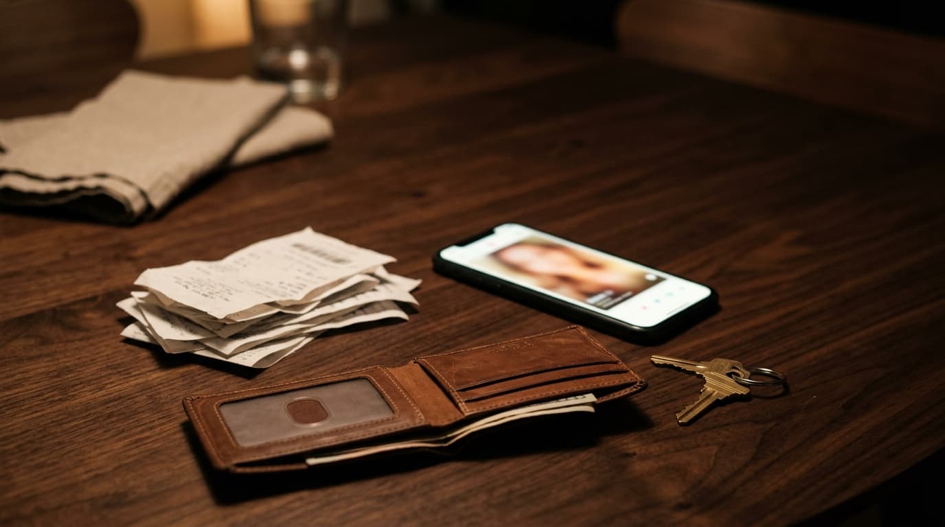 A leather wallet sits open on a dark wood table next to a stack of crumpled receipts, a single house key, and a smartphone...