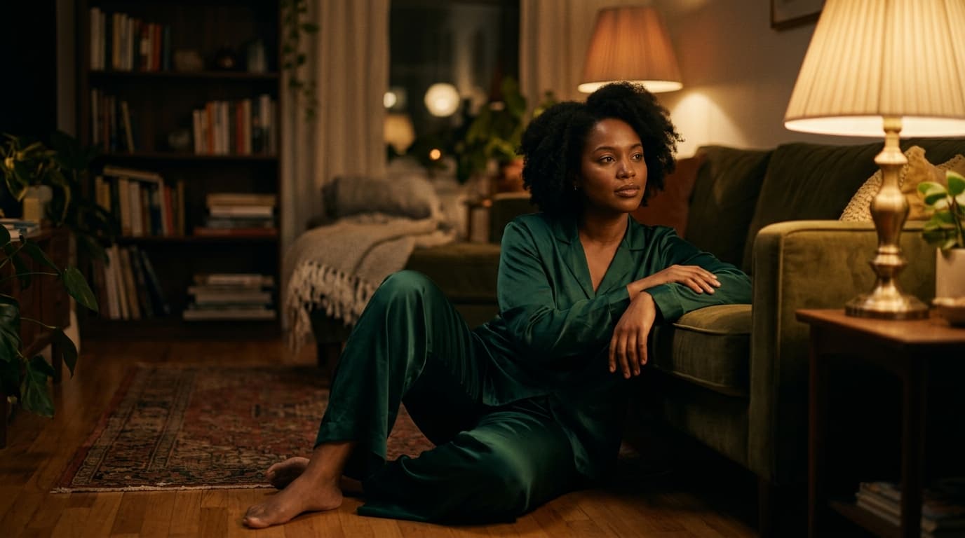 A woman in a silk loungewear set sits on the floor of a dimly lit living room, leaning against a velvet sofa, gazing calml...