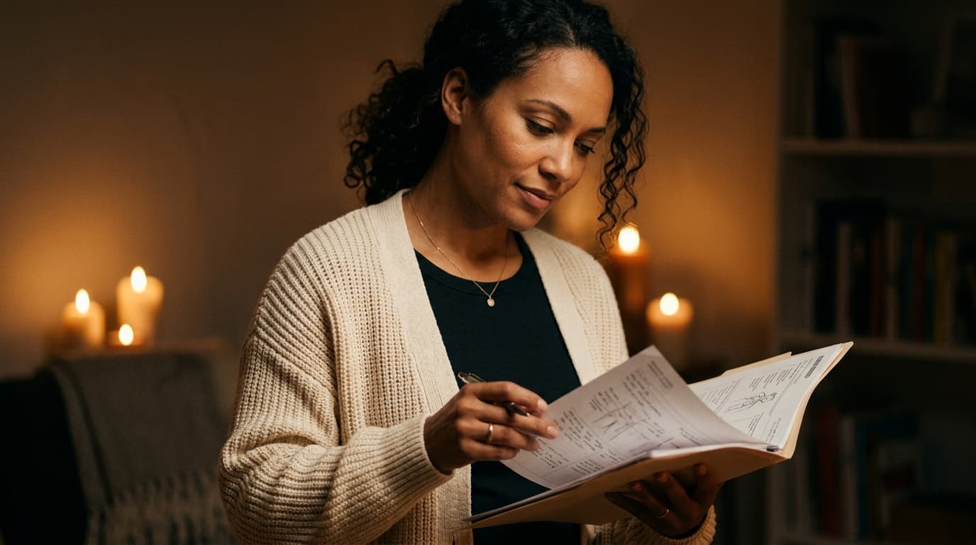 A woman in a cream-colored cotton cardigan stands in a candle-lit room, confidently reviewing a medical chart. Her express...