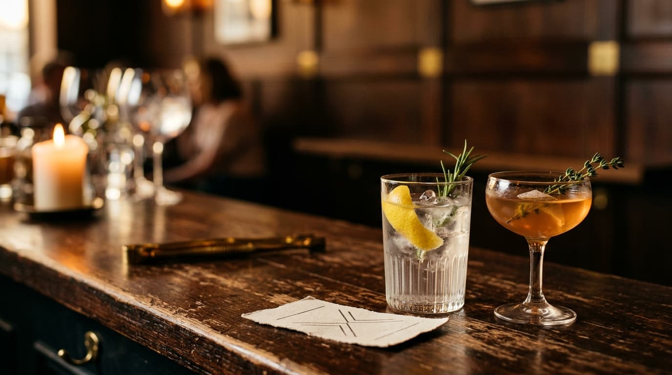 A 50mm macro shot captures a visitor's physical paper gate pass resting on a dark wood bar top next to two half-poured gin...