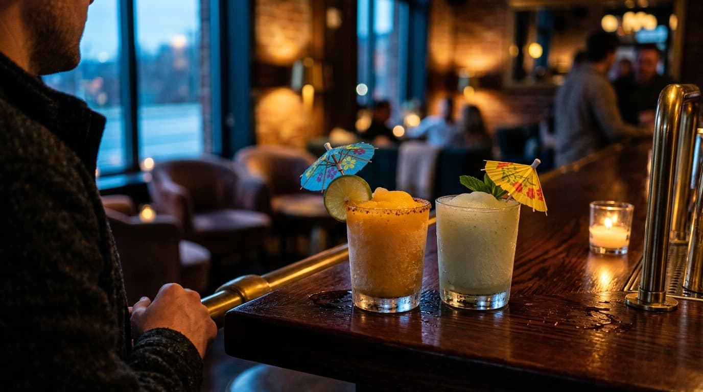 Over-the-shoulder 100mm macro shot of two frozen cocktails with paper umbrellas on a dark, polished bar top. Blue hour lig...