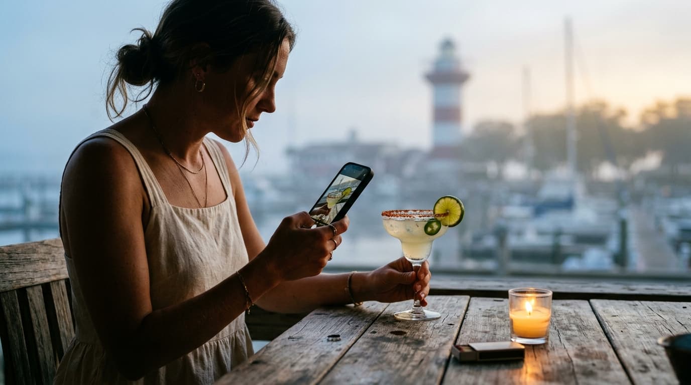 A woman in a cream linen sundress holds a spicy margarita, focusing her phone on a blurred Harbour Town Lighthouse backgro...