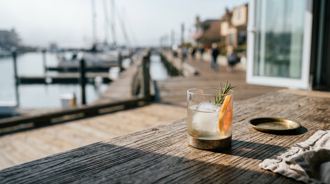 Selective focus on a polished cocktail glass resting on a weathered teak table at the Quarterdeck, noon light casting shar...