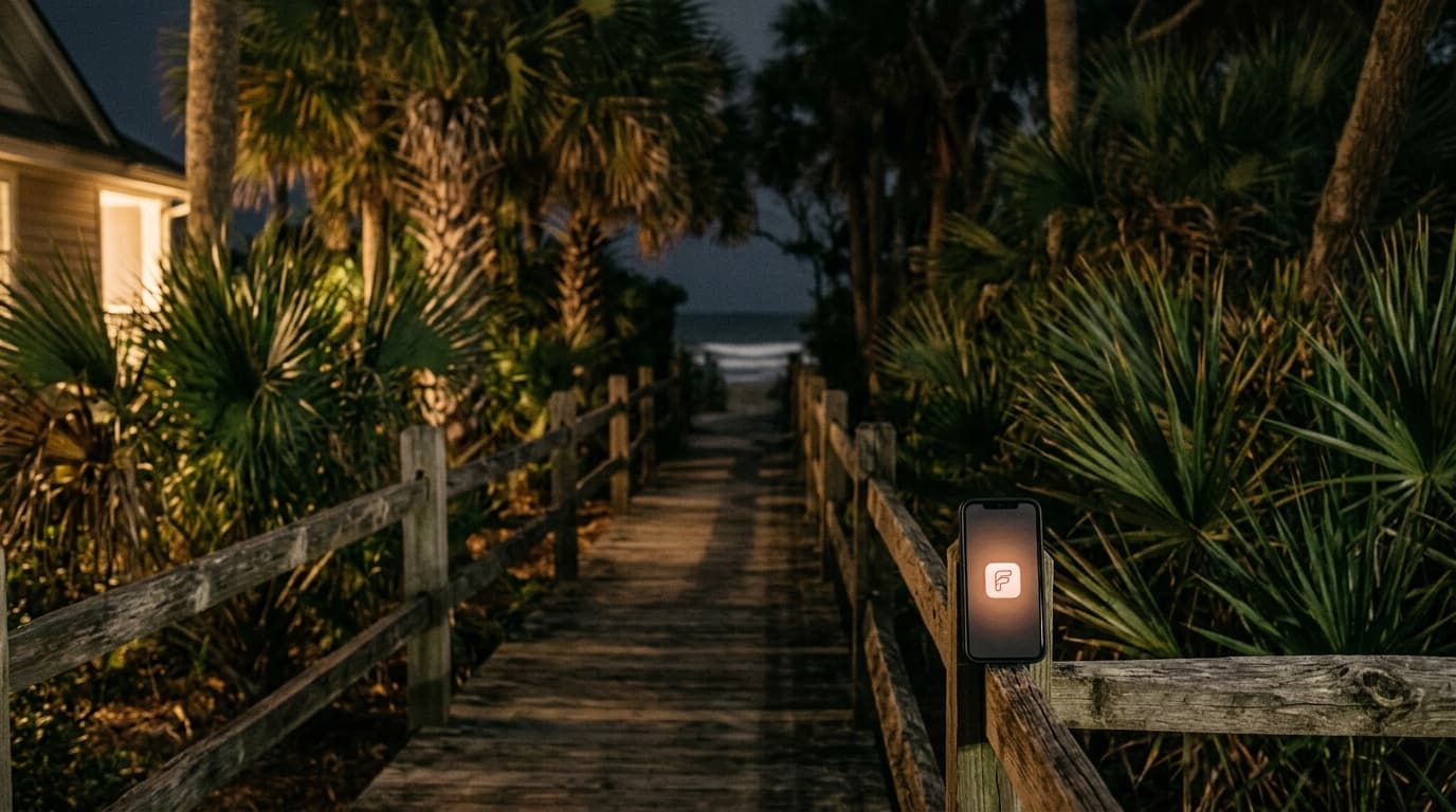 A wide establishing shot at night shows a dimly lit Hilton Head beach access path framed by palmettos. A lone smartphone r...