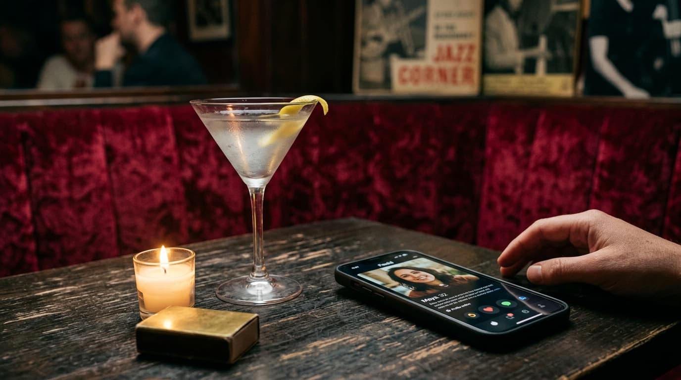 A candle-lit, intimate close-up of a velvet booth at The Jazz Corner. On the dark table sits a chilled martini glass and a...