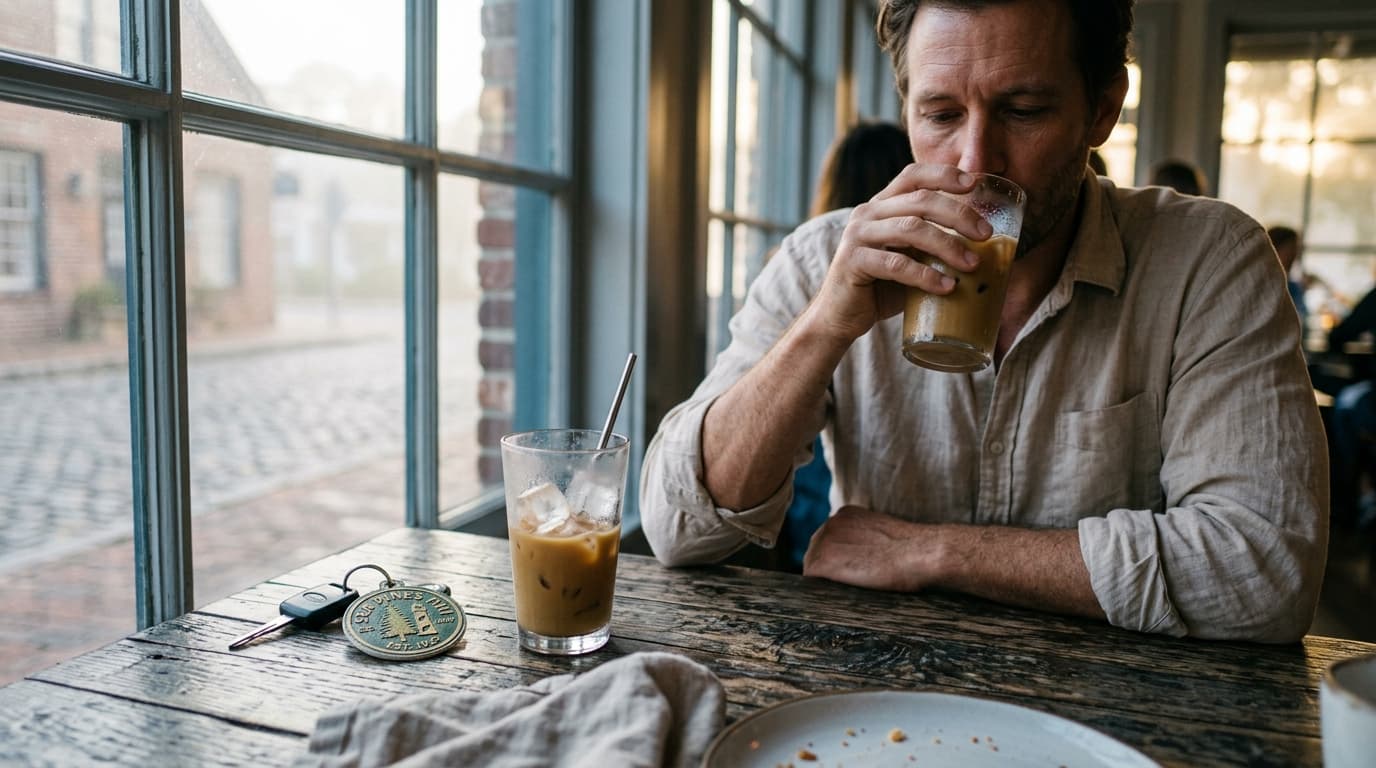 A close-up 35mm shot, noon light hitting a weathered wooden table. A man in a linen shirt sips iced coffee next to a car k...