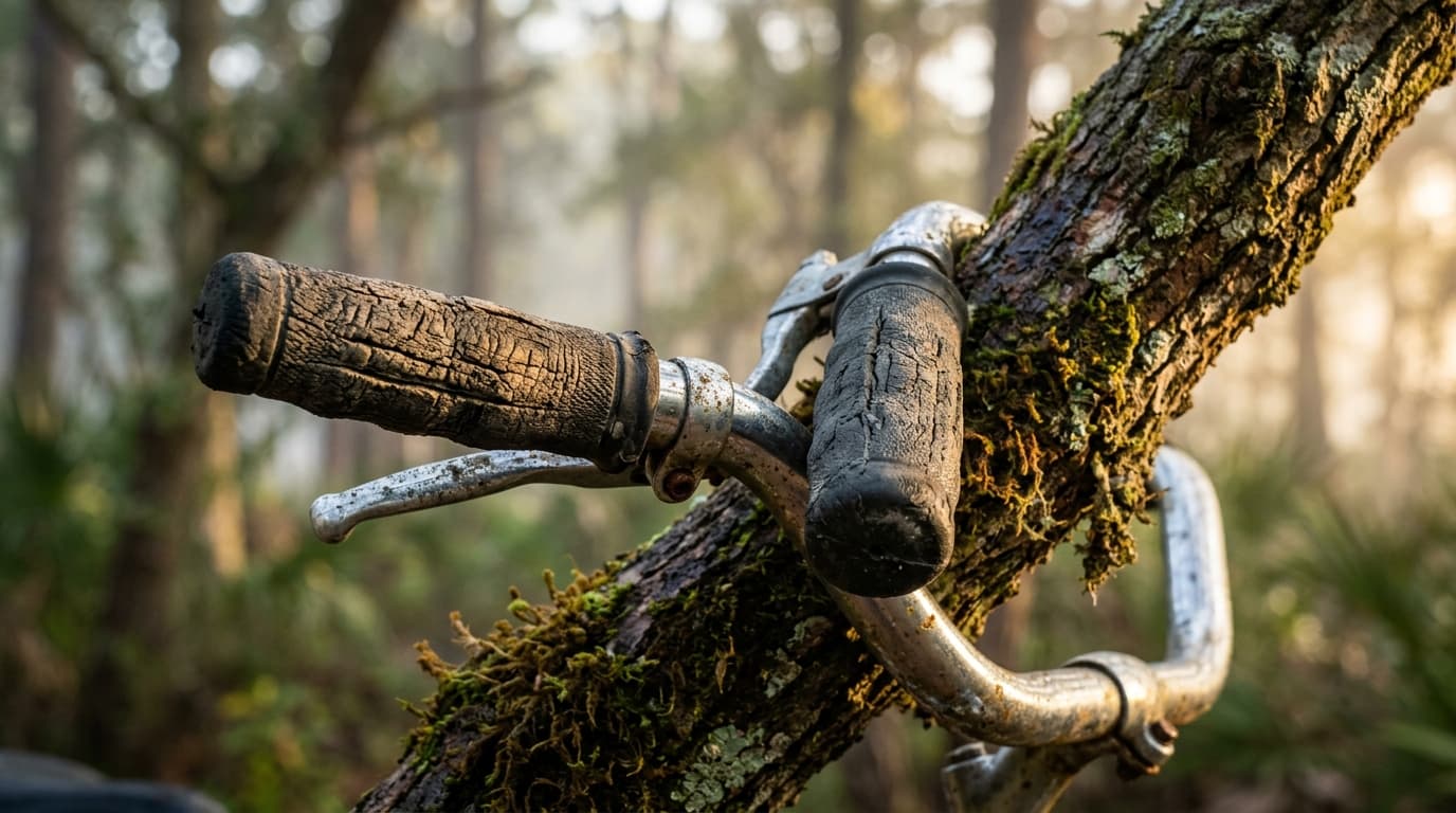 Extreme close-up macro, golden hour. Two weathered beach cruiser bicycle handlebars lean against a mossy oak branch in the...