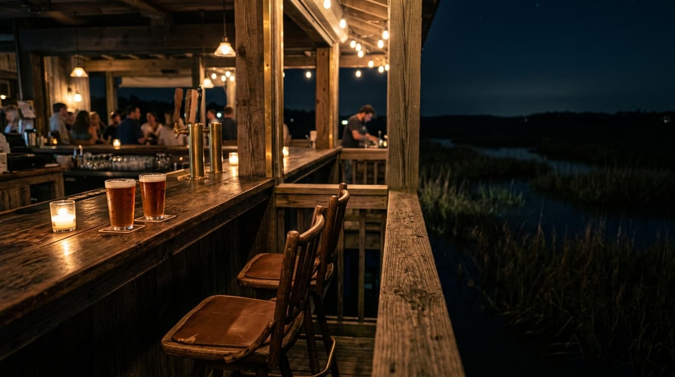 A wide shot of a dimly lit, weathered wood dock bar at night, focusing on two empty stools beside a pair of local craft be...