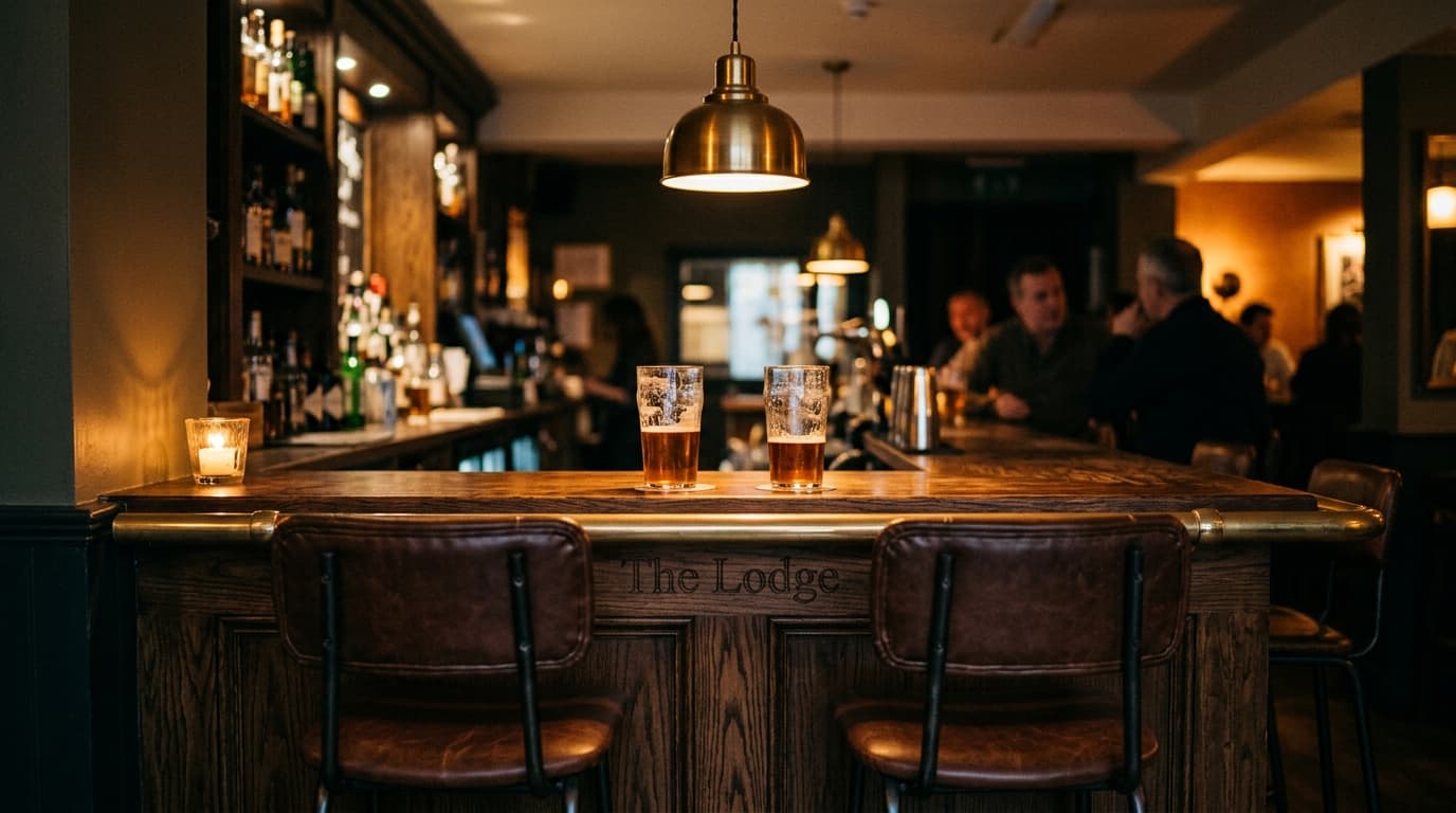 A medium shot captures two half-empty pint glasses resting on a dark wood bar at The Lodge, centered between two leather s...