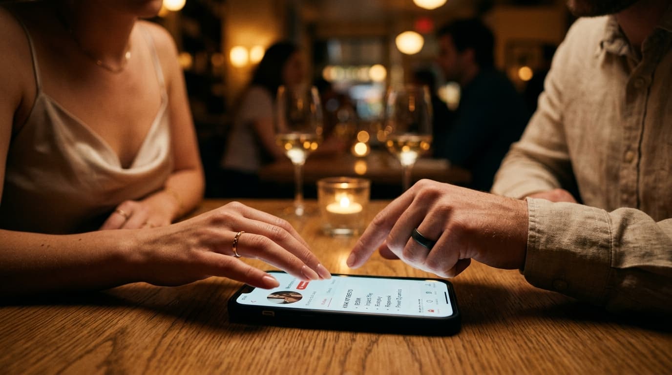 A woman in a silk slip dress and a man in a linen shirt sit at a bistro table, fingers tentatively touching a shared smart...