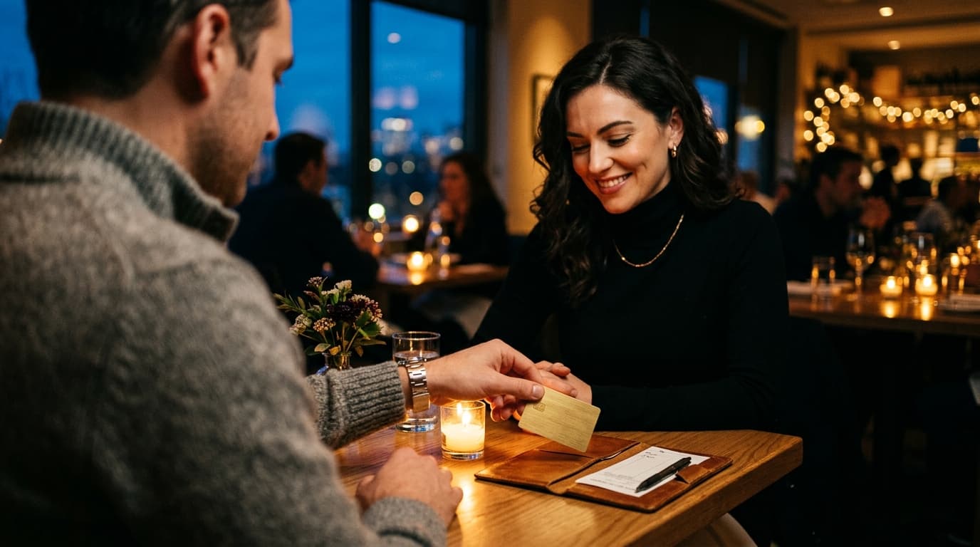 A woman in a black turtleneck and a man in a grey wool sweater sit at a candlelit table; he tentatively slides a gold cred...