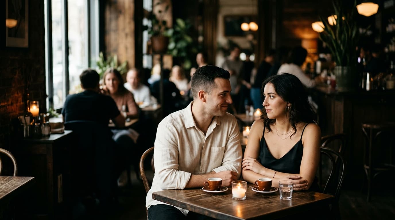 A man in a cream linen shirt and a woman in a black silk camisole sit at a cafe table. They share a nervous glance over tw...