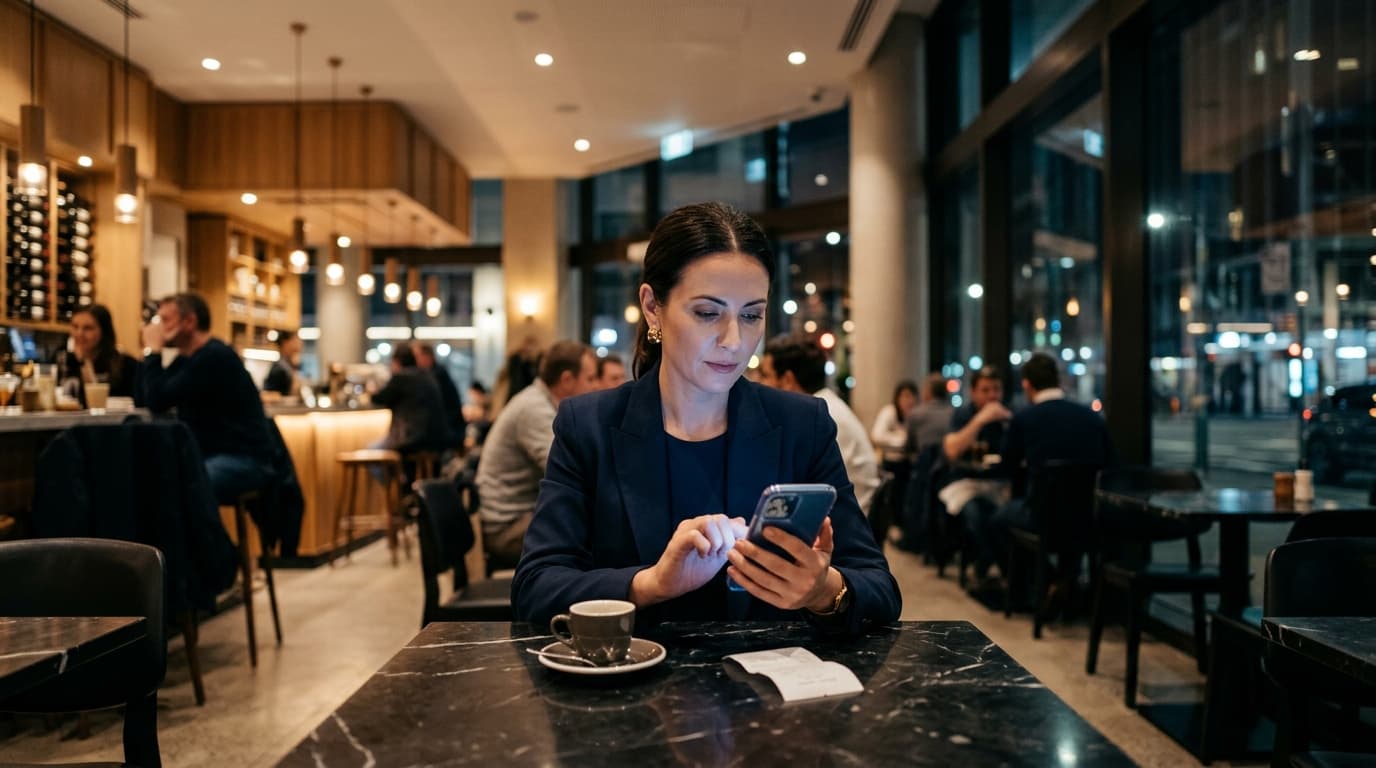 A woman in a structured navy blazer sits centered at a dark marble cafe table. She holds a smartphone, reviewing a digital...