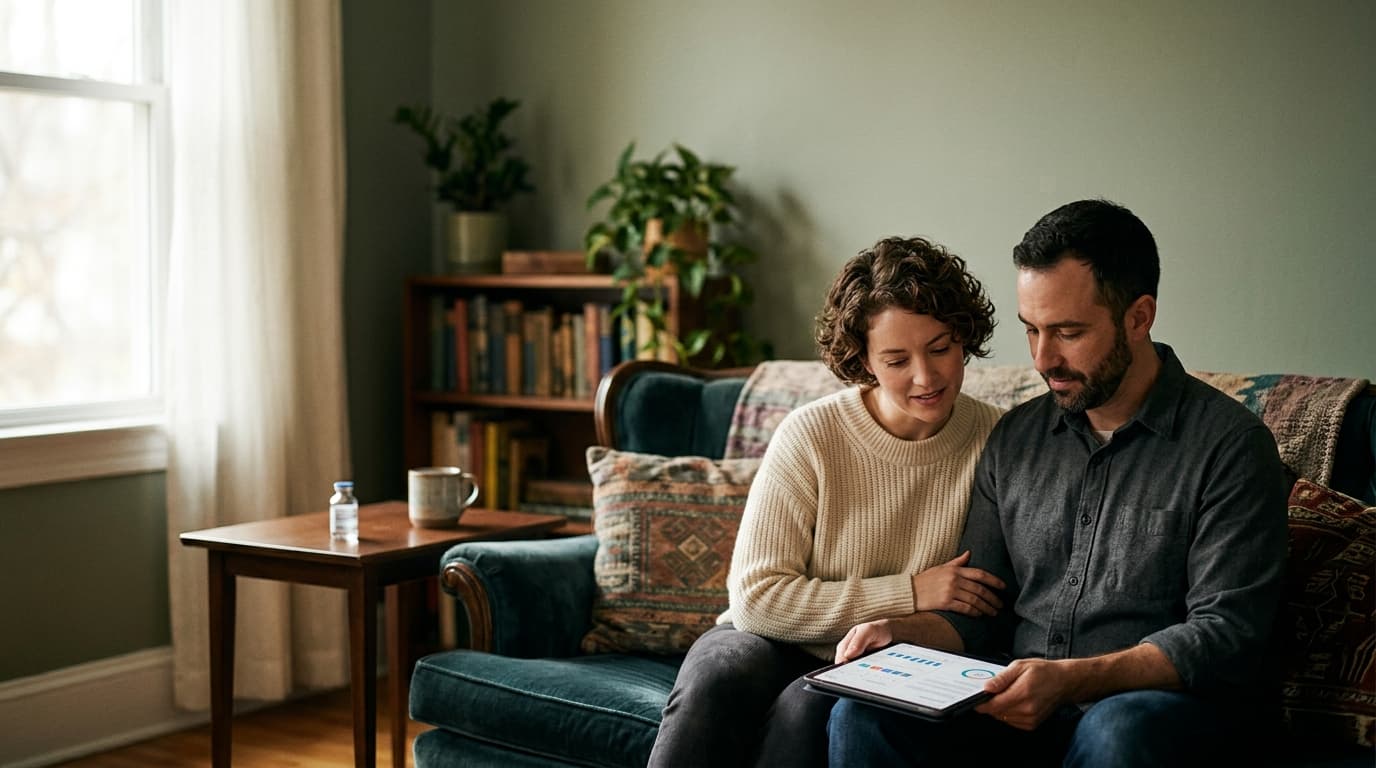 A woman and a man sit connected on a velvet loveseat, sharing a tablet device displaying a health app. A single long-actin...