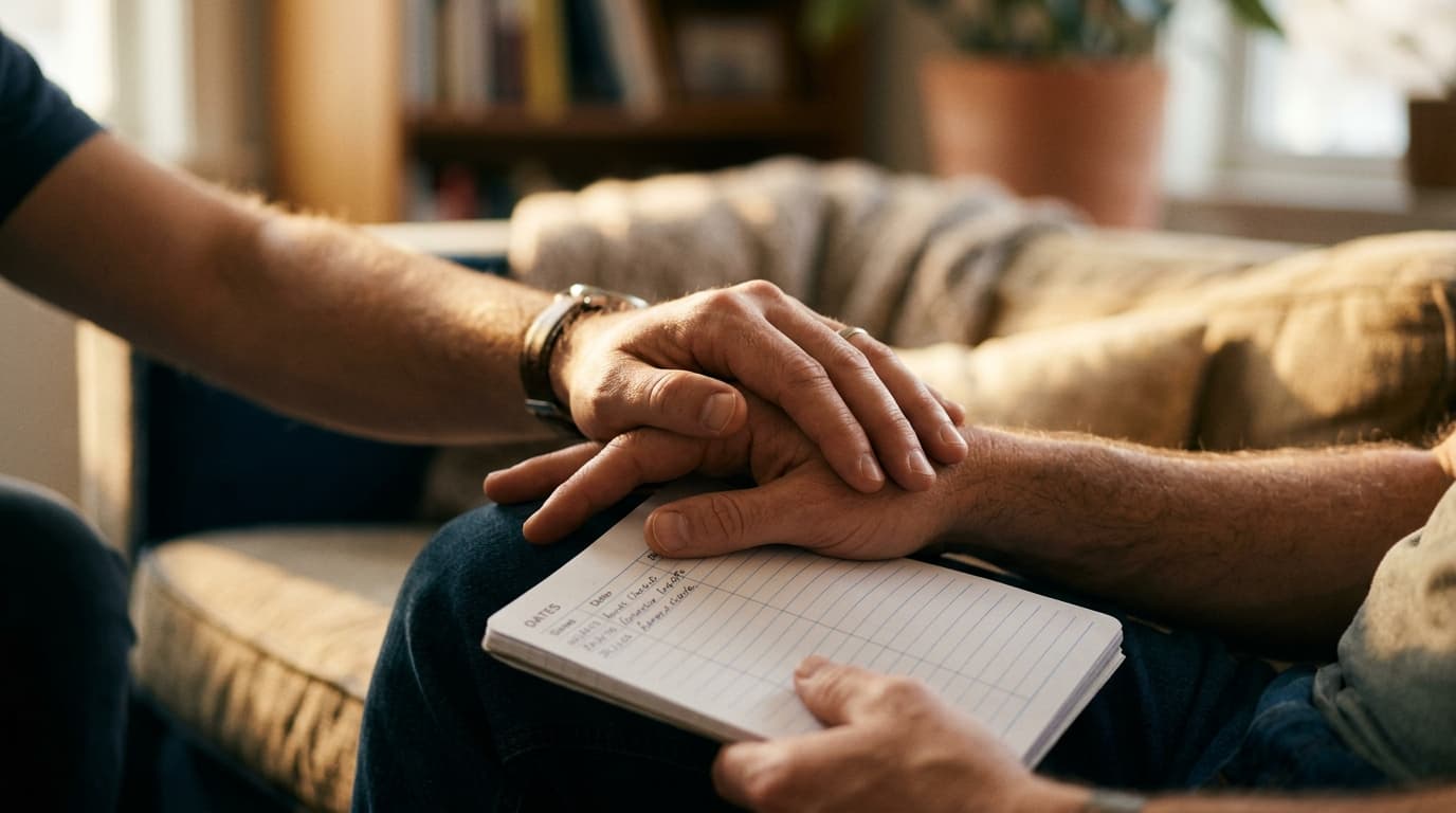 Extreme macro 100mm shot, golden hour light. Two men sit close on a couch, hands gently touching. A small, open medical lo...