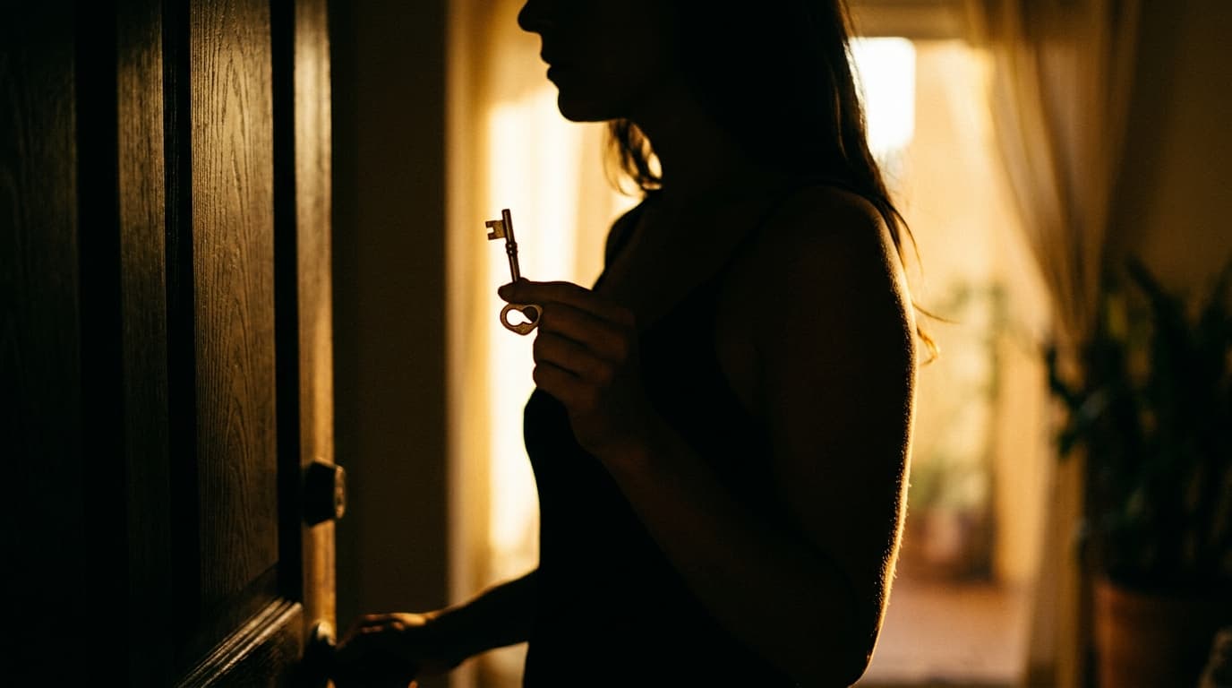 Extreme close-up of a woman’s silhouette, offset left, holding a single physical brass key against a golden-hour backlight...