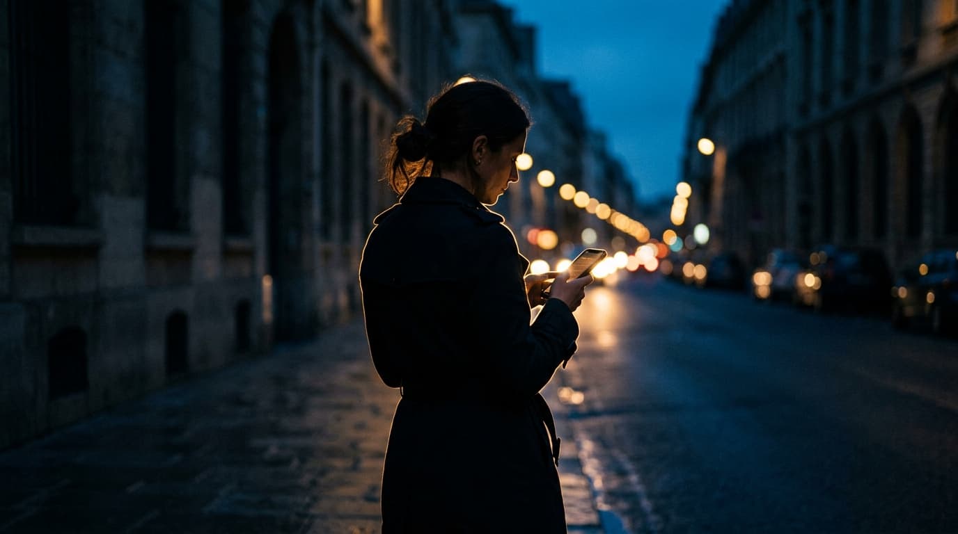A woman in a trench coat stands alone on a city sidewalk at blue hour, holding a glowing smartphone. Her silhouette is cen...