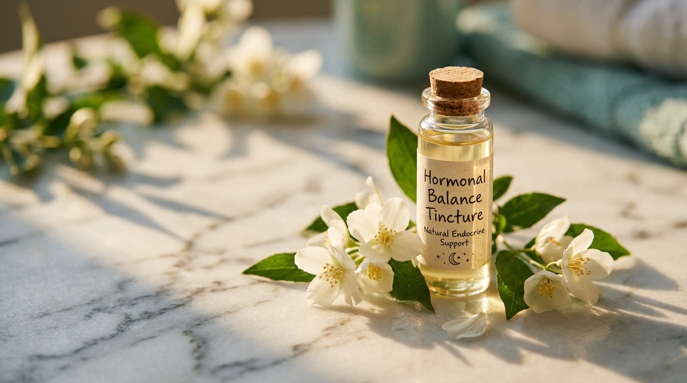A single glass endocrine vial labeled with a delicate hormonal formula sits on a white marble slab beside a blooming jasmi...