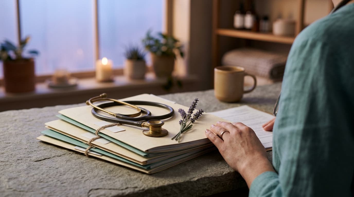 A vintage brass stethoscope rests atop a stack of organized medical files on a matte stone desk, paired with a singular la...