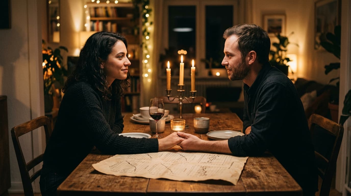 A couple sits at a wooden dining table, hands clasped over a large, printed psychometric compatibility chart. They gaze in...