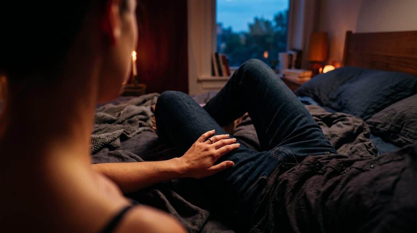 A woman’s hand gently rests on her partner’s thigh, guiding his focus away from his center. They lounge in blue-hour shado...
