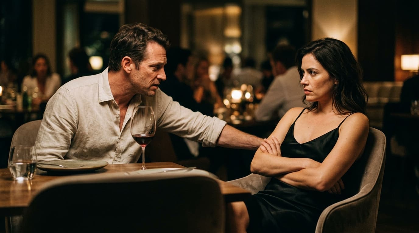 A woman in a silk slip dress leans back, hands folded firmly, while a man in a rumpled linen shirt reaches across the tabl...