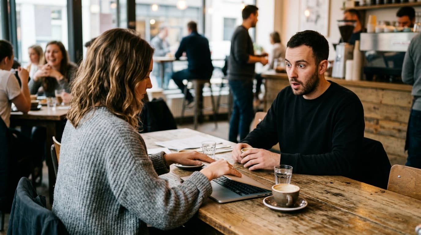 An 85mm shot, overhead, shows a woman in an oversized gray sweater and a man in a black crewneck at a cafe table. She clos...