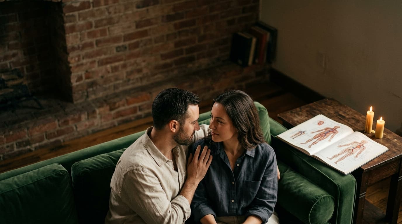 A couple in linen shirts sits on a velvet couch, leaning toward each other in candlelit shadows. A medical anatomy chart o...