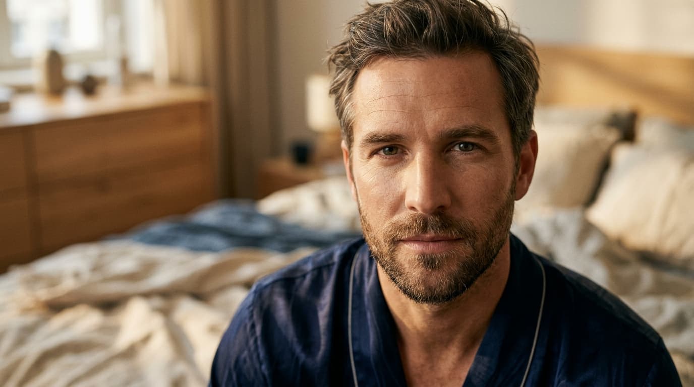 A man in a navy silk robe sits on a rumpled bed. Golden hour light hits his steady face; extreme macro focus isolates his...