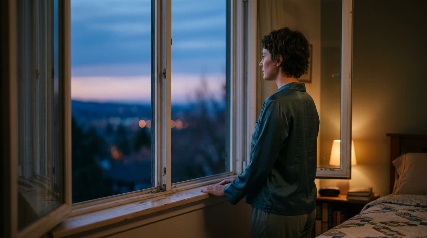 A woman in a silk pajama top stands by an open bedroom window, looking toward the horizon. The deep blue light highlights...