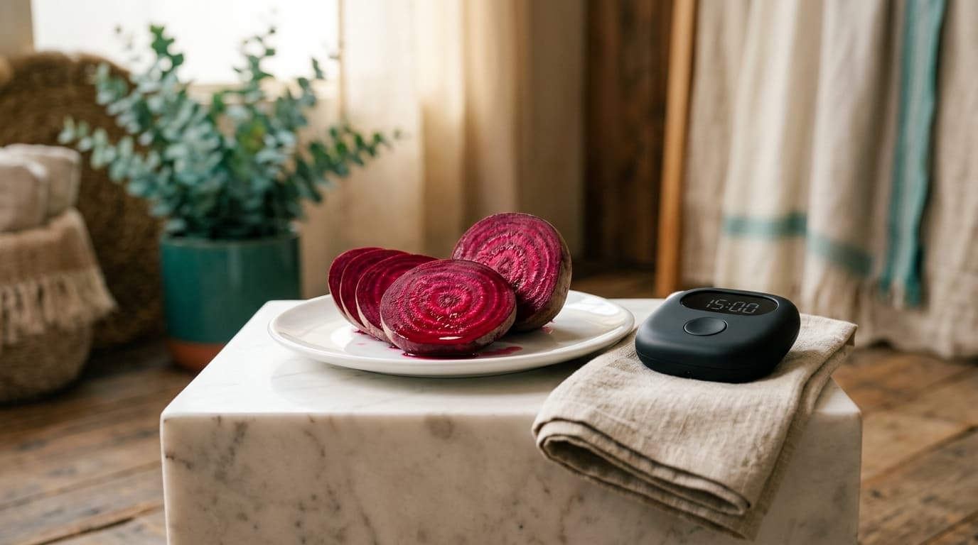 A single, vibrant beet sliced into perfect cross-sections sits atop a white marble pedestal. Beside it, a sleek, matte bla...