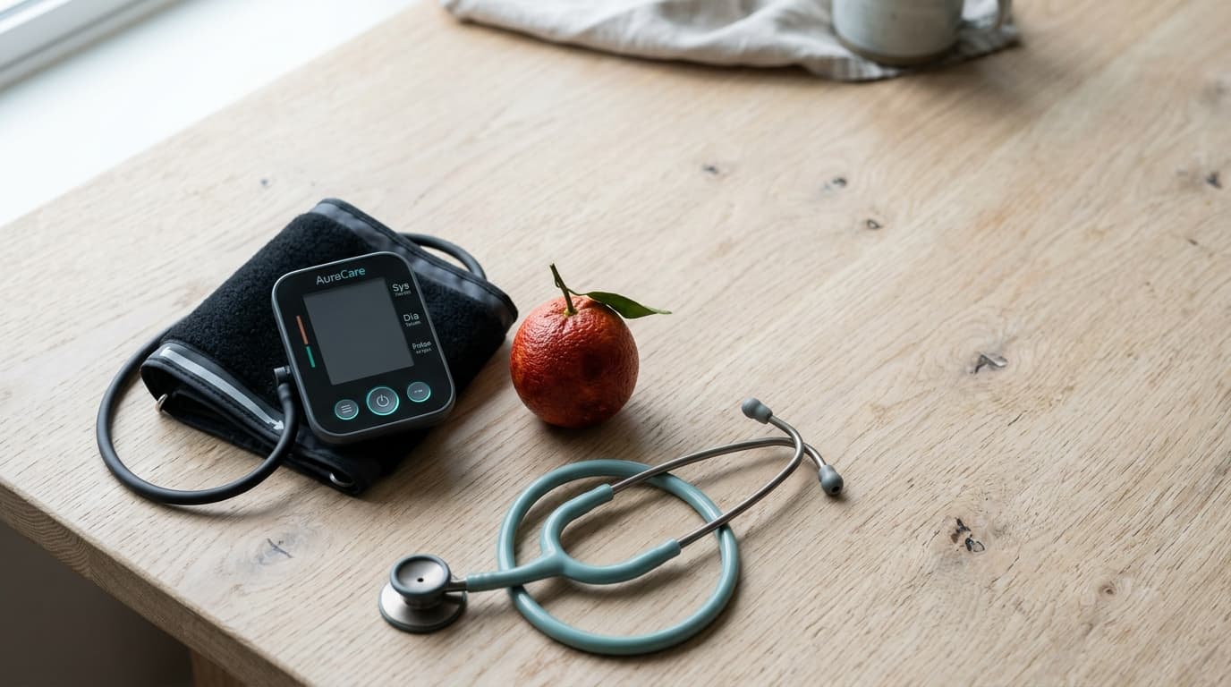 A sleek, medical-grade blood pressure cuff and a single, unpeeled blood orange rest on a pale oak surface. A stethoscope l...