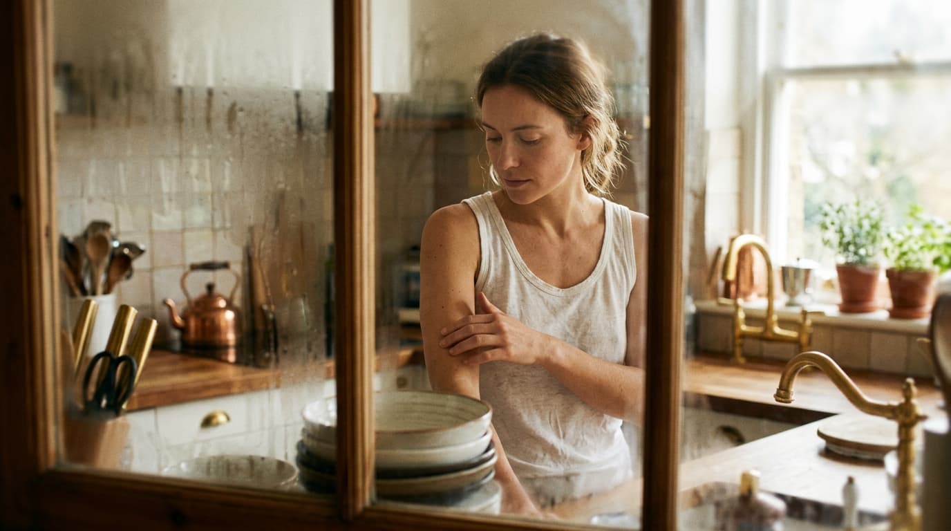 A woman wearing only a white cotton tank top stands at a kitchen counter, seen through a reflection in a window. She touch...