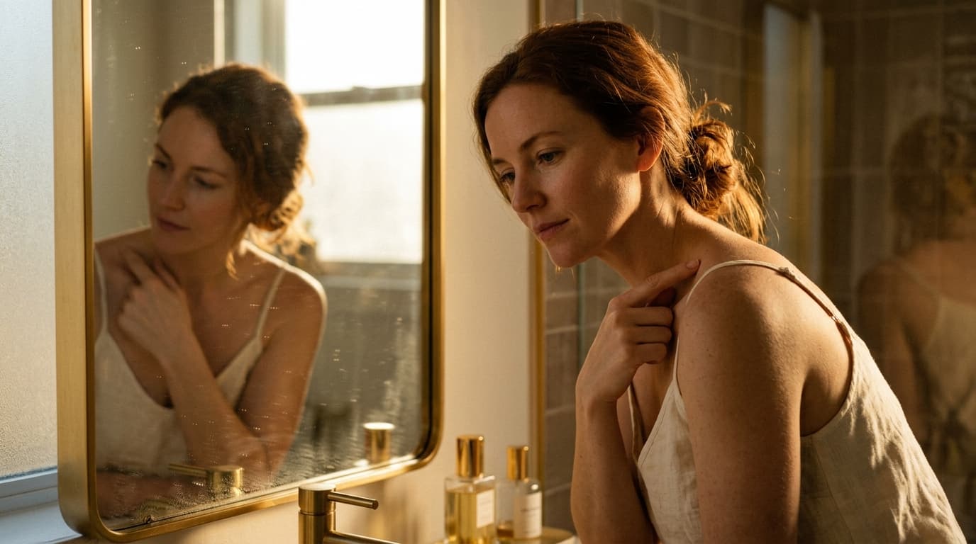 A woman in a linen camisole leans toward a vanity mirror, her fingertip tracing the warmth of her own bare shoulder. Warm,...