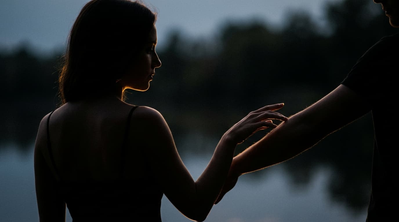 A woman’s silhouette stands offset left in blue hour light, fingers lightly grazing the inner forearm of a partner, tracin...
