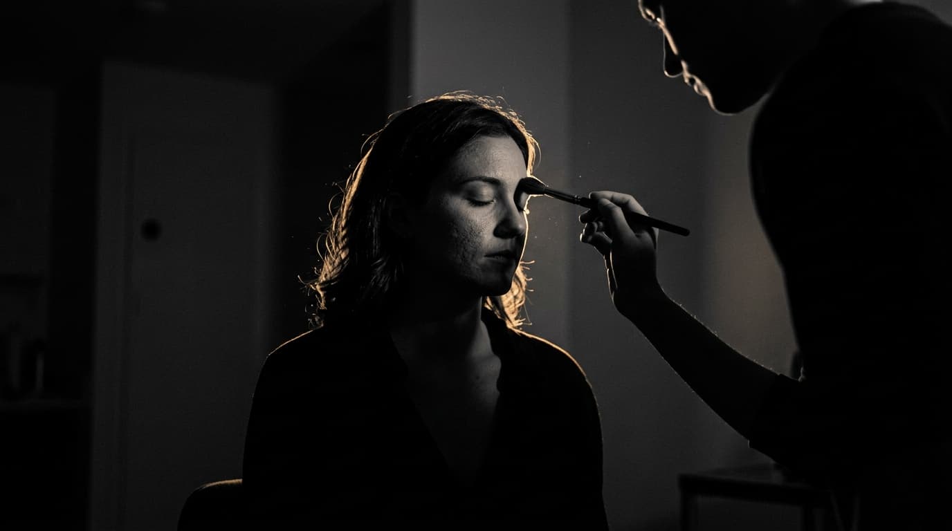 A low-angle, symmetric shot at midnight showing a seated person with their eyes closed as a partner’s shadow traces a soft...