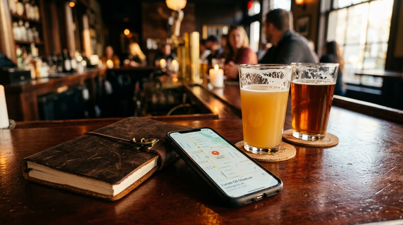 Golden hour sunlight hits a leather-bound notebook and a smartphone showing a location map of Lucas Oil Stadium, resting o...