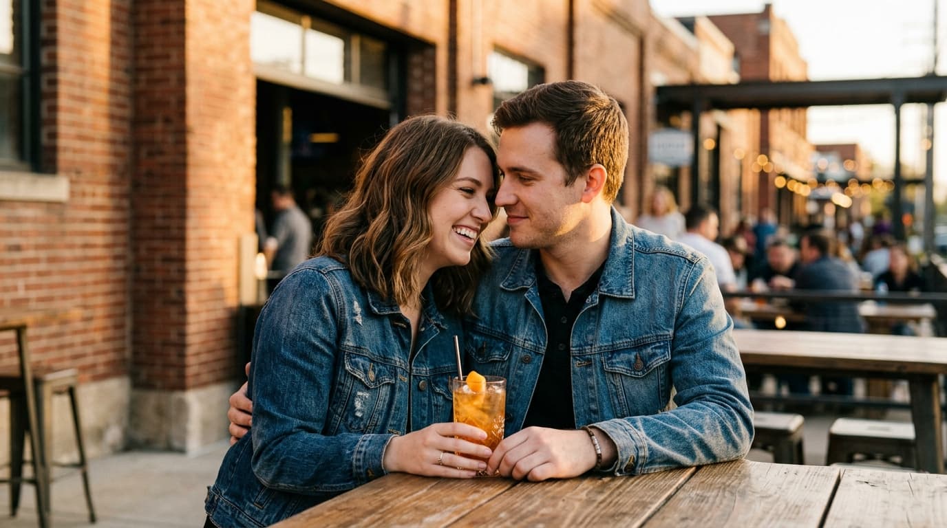 An 85mm portrait captures a couple in denim jackets sharing a cocktail on a high-top table at Bottleworks District. Golden...
