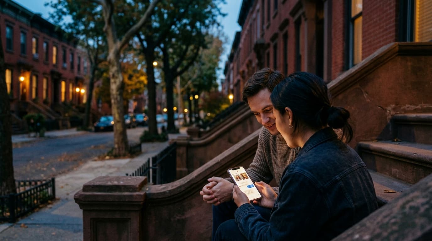 A couple sits on the steps of an Irvington brick brownstone at blue hour. A phone screen glowing with a Feeld chat profile...